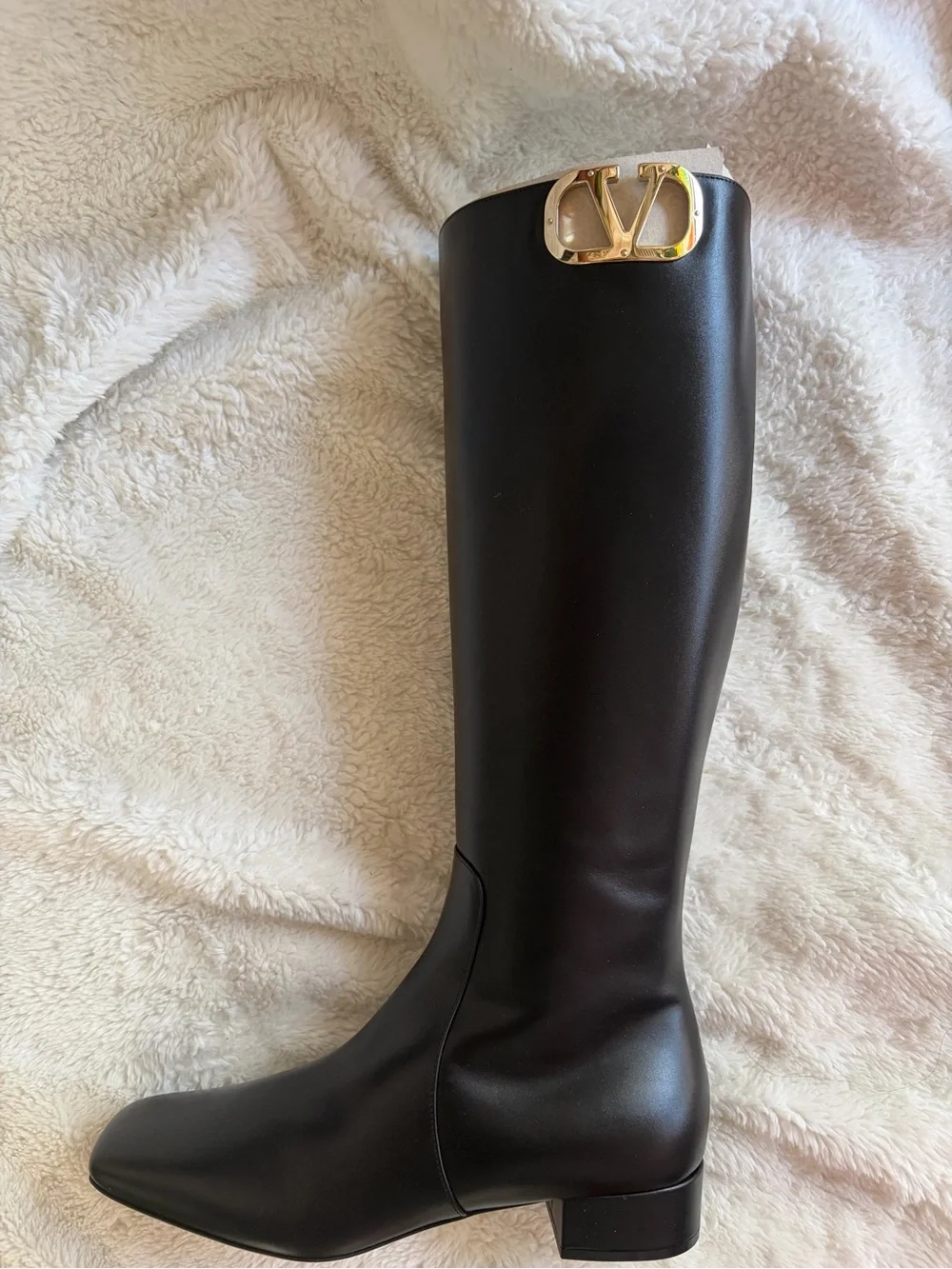 Valentino Black Leather Over-the-Knee Boot with Gold V Logo